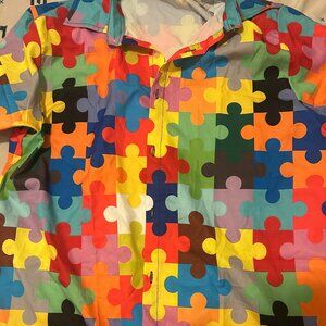 COLORFUL Unbranded PUZZLE Men's Dress shirt Short Sleeve Sz MEDIUM New